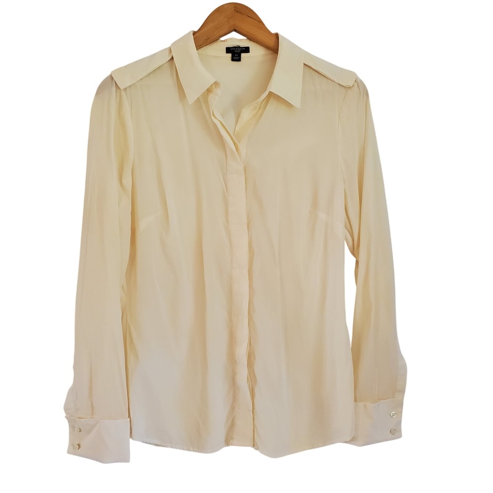 ANN TAYLOR Blouse Womens‎ 12 Silk Stretch Cream French Cuffs Elegant Classic